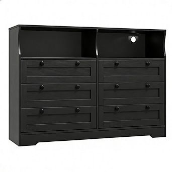 55" Large Wood Dresser, 6 Drawer Dresser with/LED Light & Built-In Storage, Ideal for Bedroom