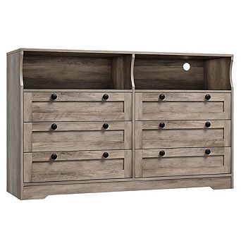 55" Large Wood Dresser, 6 Drawer Dresser with/LED Light & Built-In Storage, Ideal for Bedroom