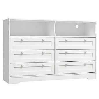 55" Large Wood Dresser, 6 Drawer Dresser with/LED Light & Built-In Storage, Ideal for Bedroom