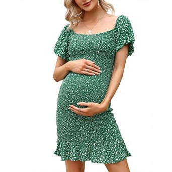 Maternity Dresses Floral Ruffle Hem Mermaid Smocked Bodycon Mermaid Midi Dress