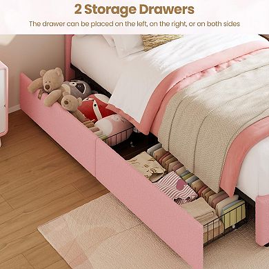 Twin Size Bed Frame w/Headboard, Platform Bed Frame w/2 Storage Drawers, LED, Velvet Upholstered