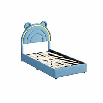 Twin Size Bed Frame w/Headboard, Platform Bed Frame w/2 Storage Drawers, LED, Velvet Upholstered