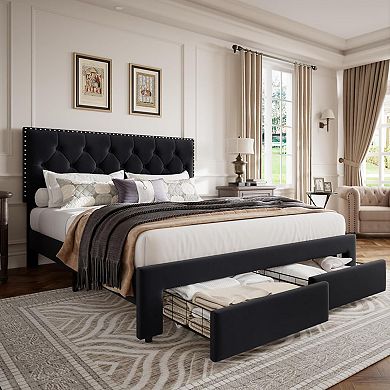 Vintage Velvet Upholstered Bed Frame with 2 Storage Drawers and Button Tufted Headboard