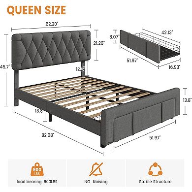 Upholstered Platform Bed Frame w/Storage Drawers, Upholstered Headboard, No Box Spring Needed