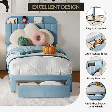 Twin Bed Frame w/Drawers & Bookcase Headboard, Upholstered Velvet Platform Bed, Noise-Free