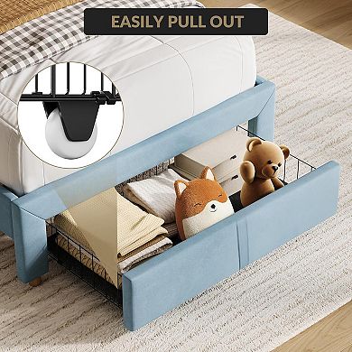 Twin Bed Frame w/Drawers & Bookcase Headboard, Upholstered Velvet Platform Bed, Noise-Free