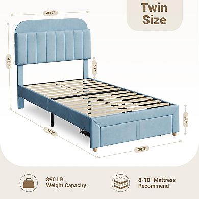 Twin Bed Frame w/Drawers & Bookcase Headboard, Upholstered Velvet Platform Bed, Noise-Free