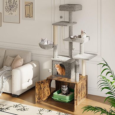 2-in-1 Cat Tree with Hidden Litter Box Enclosure
