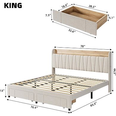 Upholstered Platform Bed w/Charging Station& Headboard, Storage Drawer, Noise Free
