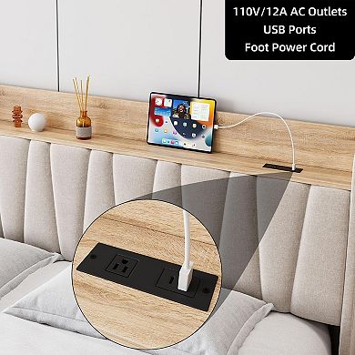 Upholstered Platform Bed w/Charging Station& Headboard, Storage Drawer, Noise Free