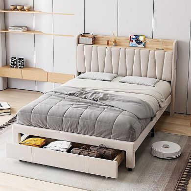 Upholstered Platform Bed w/Charging Station& Headboard, Storage Drawer, Noise Free