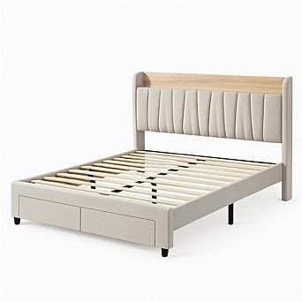 Upholstered Platform Bed w/Charging Station& Headboard, Storage Drawer, Noise Free