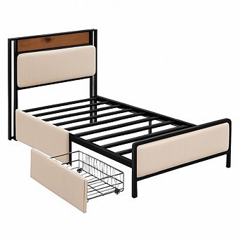 Twin size Bed Frame w/2 Storage Drawers and Charging Station, Platform Bedframe w/Storage Headboard