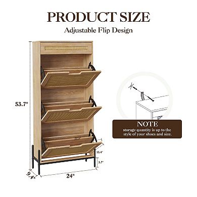 Rattan Shoe Storage Cabinet with 3 Flip Door and 1 Drawer