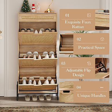 Rattan Shoe Storage Cabinet with 3 Flip Door and 1 Drawer
