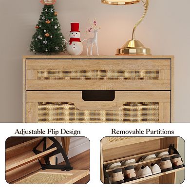 Rattan Shoe Storage Cabinet with 3 Flip Door and 1 Drawer