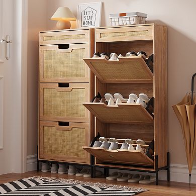 Rattan Shoe Storage Cabinet with 3 Flip Door and 1 Drawer