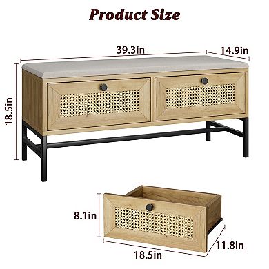 Rattan Shoe Storage Bench with Linen Cushion