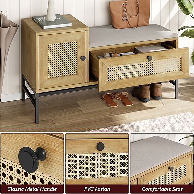 Rattan Shoe Storage Bench with Linen Cushion