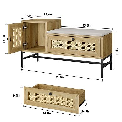 Rattan Shoe Storage Bench with Linen Cushion