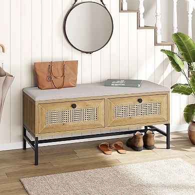 Rattan Shoe Storage Bench with Linen Cushion