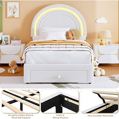 Twin Upholstered LED Bed Frame,w/Storage Drawer& Rainbow Headboard, Berber Fleece Princess Platform