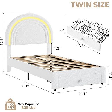 Twin Upholstered LED Bed Frame,w/Storage Drawer& Rainbow Headboard, Berber Fleece Princess Platform