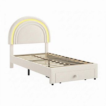 Twin Upholstered LED Bed Frame,w/Storage Drawer& Rainbow Headboard, Berber Fleece Princess Platform