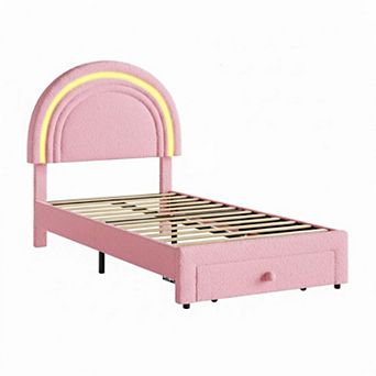 Twin Upholstered LED Bed Frame,w/Storage Drawer& Rainbow Headboard, Berber Fleece Princess Platform