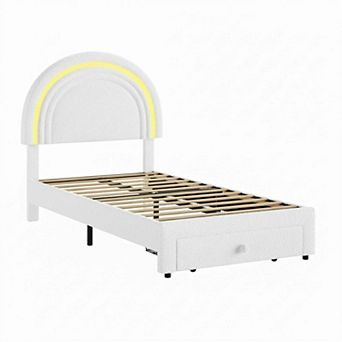 Twin Upholstered LED Bed Frame,w/Storage Drawer& Rainbow Headboard, Berber Fleece Princess Platform