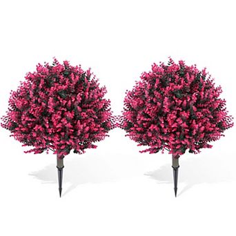 Artificial Rose Eucalyptus Topiary Ball Trees, 24" UV Resistant Faux Boxwood Shrubs w/Ground Spikes