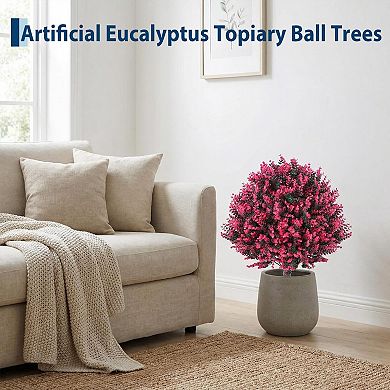Artificial Rose Eucalyptus Topiary Ball Trees, 24" UV Resistant Faux Boxwood Shrubs w/Ground Spikes
