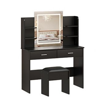 Vanity Desk with Lighted Mirror, Power Outlet, Cushioned Stool