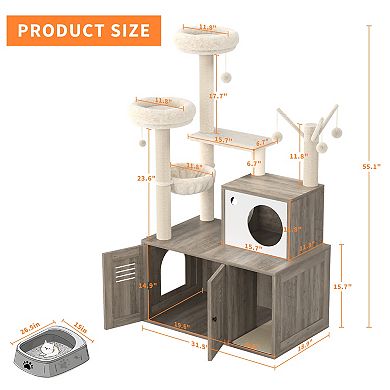 Modern Wooden Cat Tree Tower with Hidden Litter Box