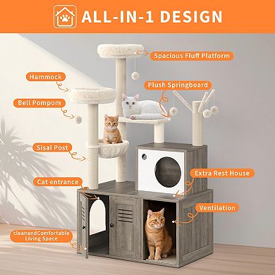 Modern Wooden Cat Tree Tower with Hidden Litter Box