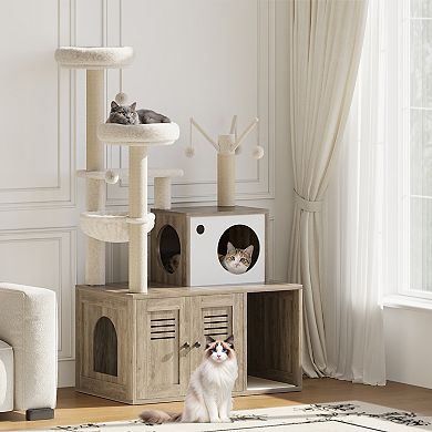 Modern Wooden Cat Tree Tower with Hidden Litter Box