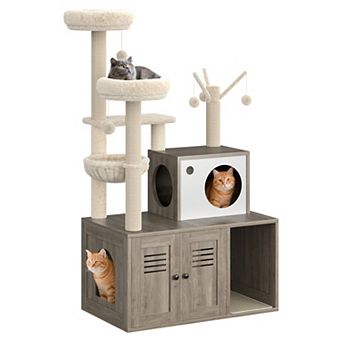 Modern Wooden Cat Tree Tower with Hidden Litter Box