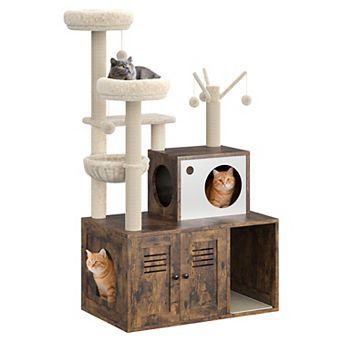 Modern Wooden Cat Tree Tower with Hidden Litter Box