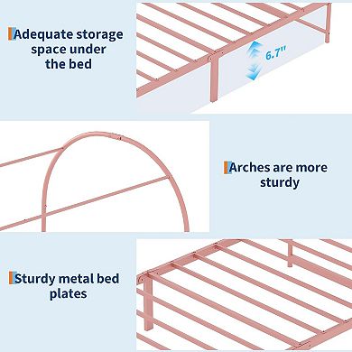 Twin Canopy Bed Frame w/Upholstered Headboard, Noise Free Metal Canopy Bed Frame w/Under-Bed Storage