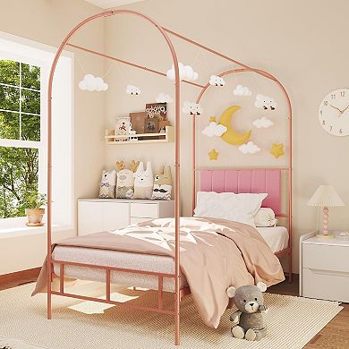 Twin Canopy Bed Frame w/Upholstered Headboard, Noise Free Metal Canopy Bed Frame w/Under-Bed Storage