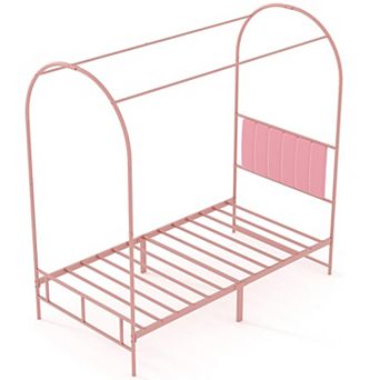 Twin Canopy Bed Frame w/Upholstered Headboard, Noise Free Metal Canopy Bed Frame w/Under-Bed Storage
