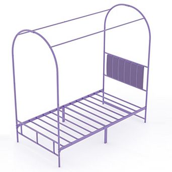 Twin Canopy Bed Frame w/Upholstered Headboard, Noise Free Metal Canopy Bed Frame w/Under-Bed Storage