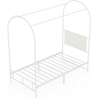 Twin Canopy Bed Frame w/Upholstered Headboard, Noise Free Metal Canopy Bed Frame w/Under-Bed Storage