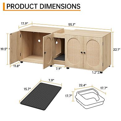 Cat Litter Box Enclosure 55.1" Double Cage Litter Box Furniture Kitty Litter Box for 2 Cats