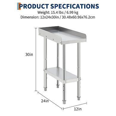 12"x24"x30" Stainless Steel Grill Stand Table Without Casters - Removable Baffle
