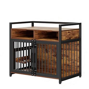 Wooden Dog Crate Furniture, Double Doors Design, with2 Storage Drawers & Adjustable Raised Feeder