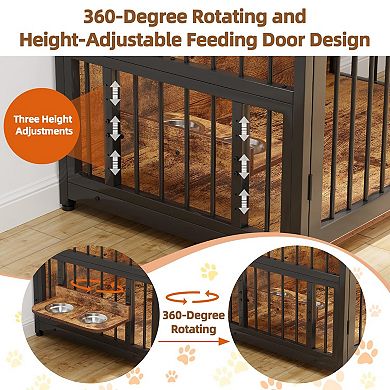 Wooden Dog Crate Furniture, Double Doors Design, with2 Storage Drawers & Adjustable Raised Feeder