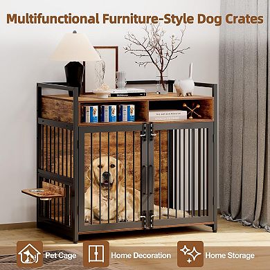 Wooden Dog Crate Furniture, Double Doors Design, with2 Storage Drawers & Adjustable Raised Feeder