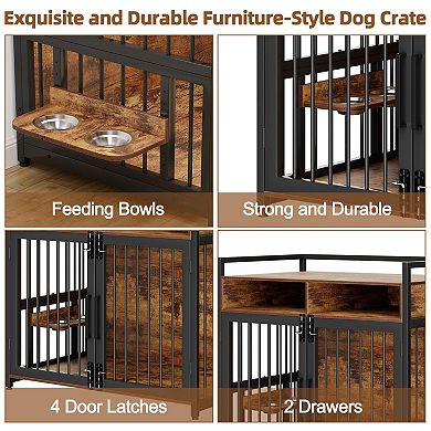 Wooden Dog Crate Furniture, Double Doors Design, with2 Storage Drawers & Adjustable Raised Feeder