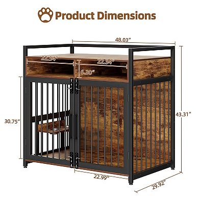 Wooden Dog Crate Furniture, Double Doors Design, with2 Storage Drawers & Adjustable Raised Feeder